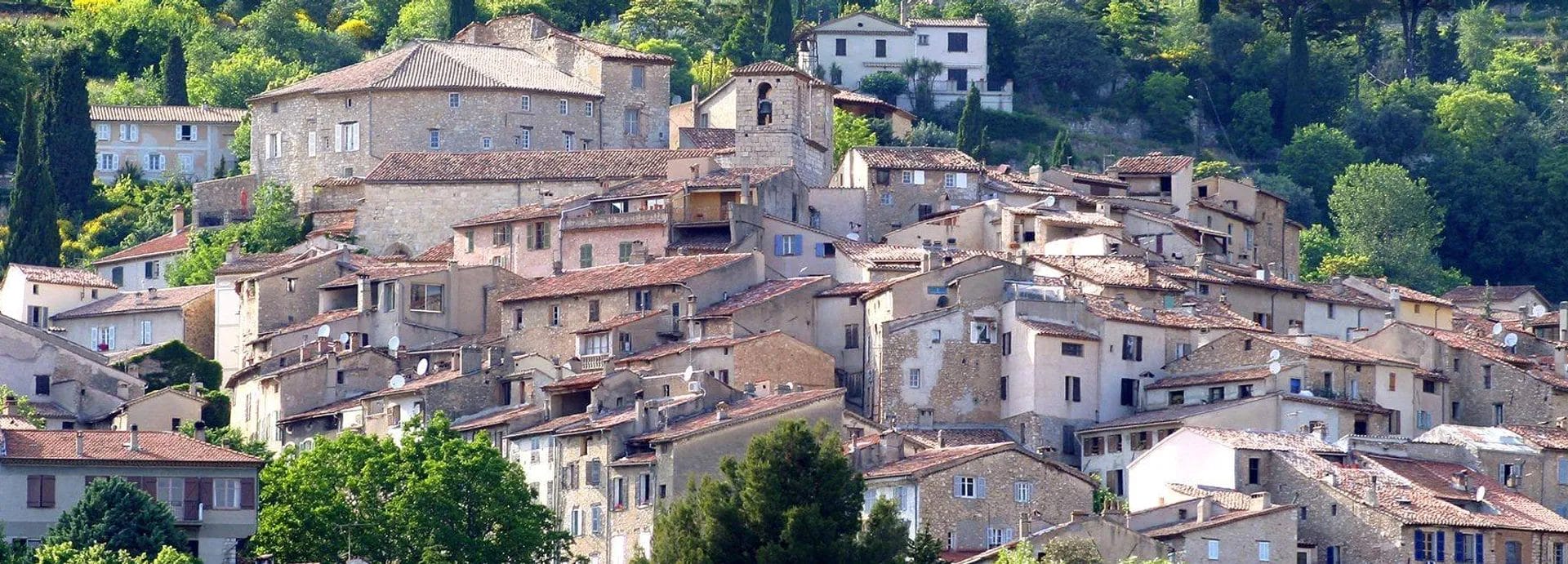 Un village au sommet d'une colline entouré d'arbres.